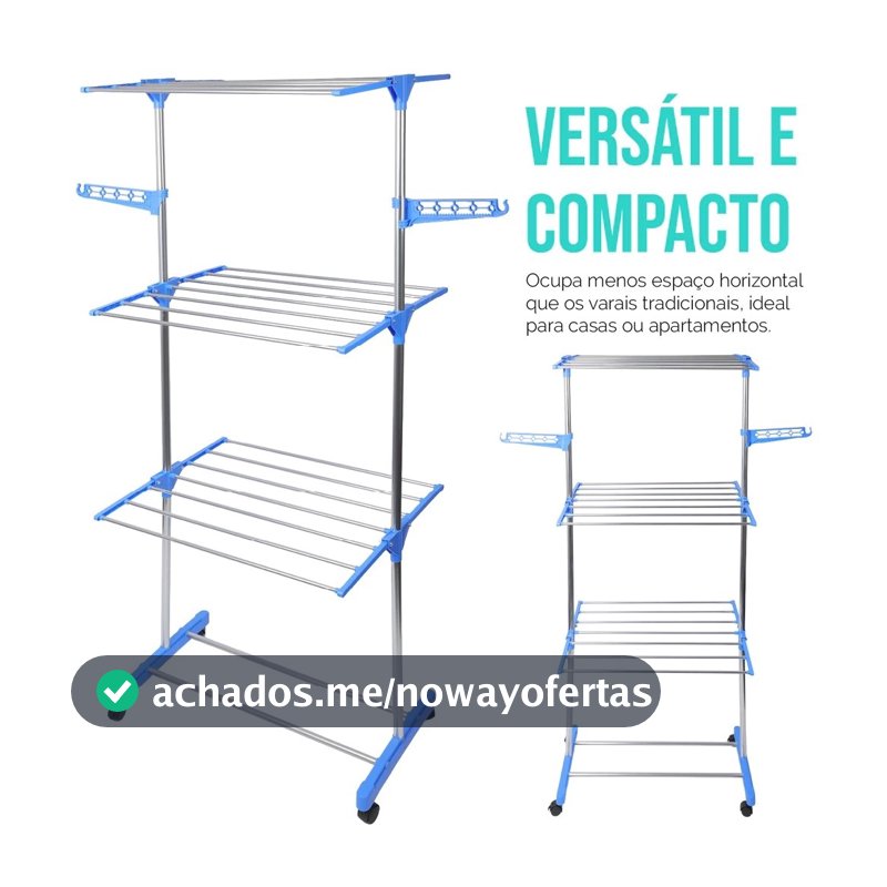 Varal De Roupa Dobrável Torre 3 Andares Com Rodas Aço Inox Vertical Azul Umbrella