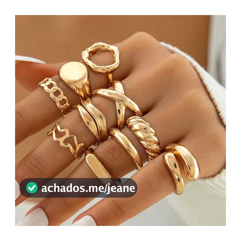 Conjunto 10 Peças Anéis Folheados a Ouro 18K Feminino - Ajustáveis, Estilo Empilhável Geométrico e Minimalista
