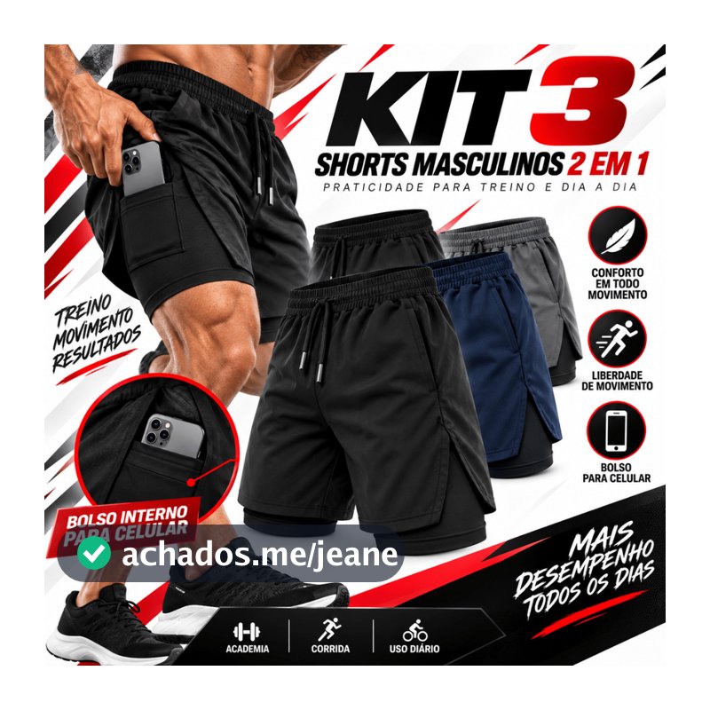 KIT 3 Shorts Masculino 2 em 1 Fitness Bermuda Treino Academia com Bolso Interno
