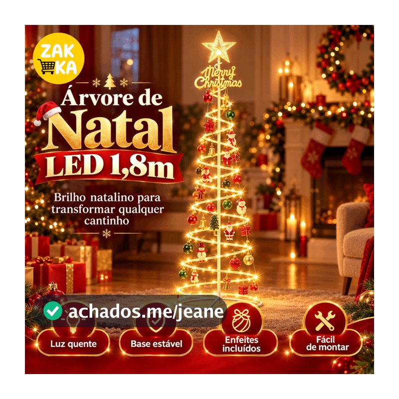 Árvore de Natal LED 1,80m Espiral com Estrela Iluminada e Enfeites Inclusos para Decoração