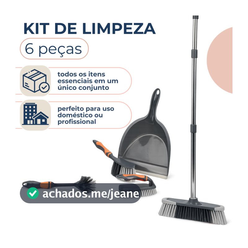 Kit Limpeza Completo 6 Peças Vassoura Cabo Inox Acessórios de Limpeza