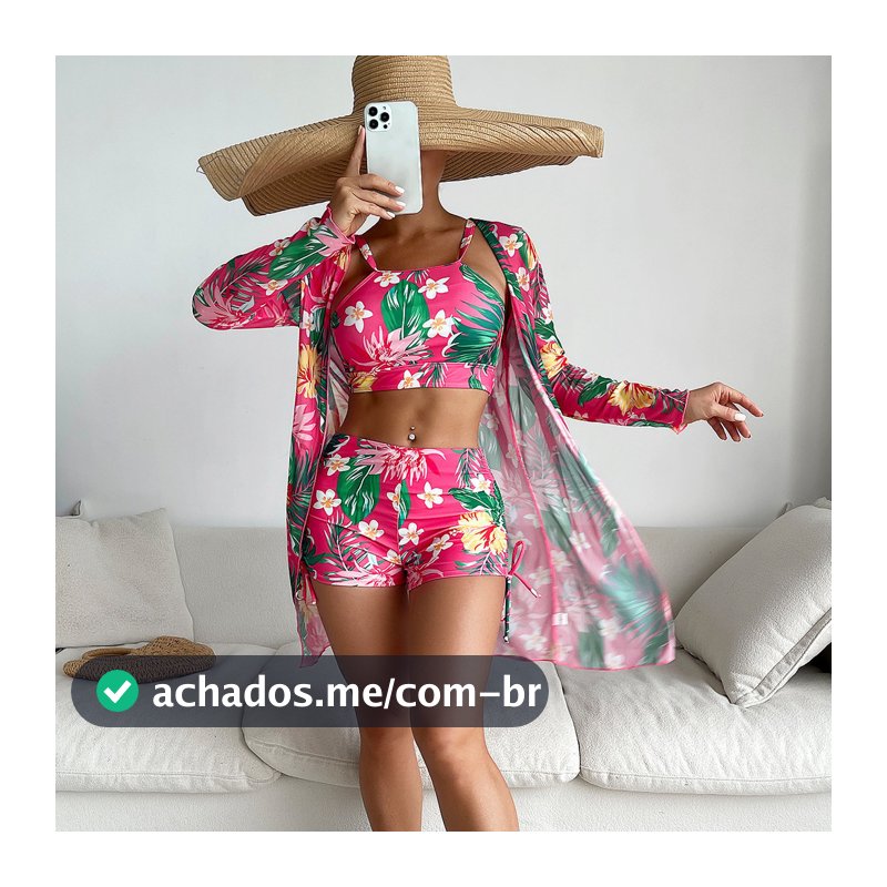 Novo estilo flor Tropical impresso colete Boxer biquíni feminino maiô de três peças/almofada de peito destacável/impress