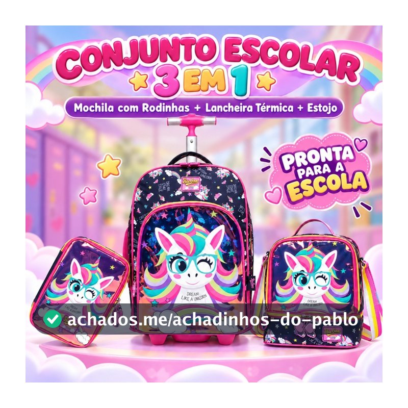 Kit Mochila Rodinha Unicórnio Lancheira Estojo Menina Escolar Espaçosa