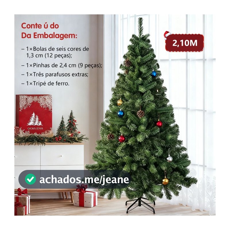 Árvore de Natal 2,10m 1000 Galhos Pinheiro Verde Luxo Grande Cheia Reforçados Realista Base Ferro Premium Natalina 2026