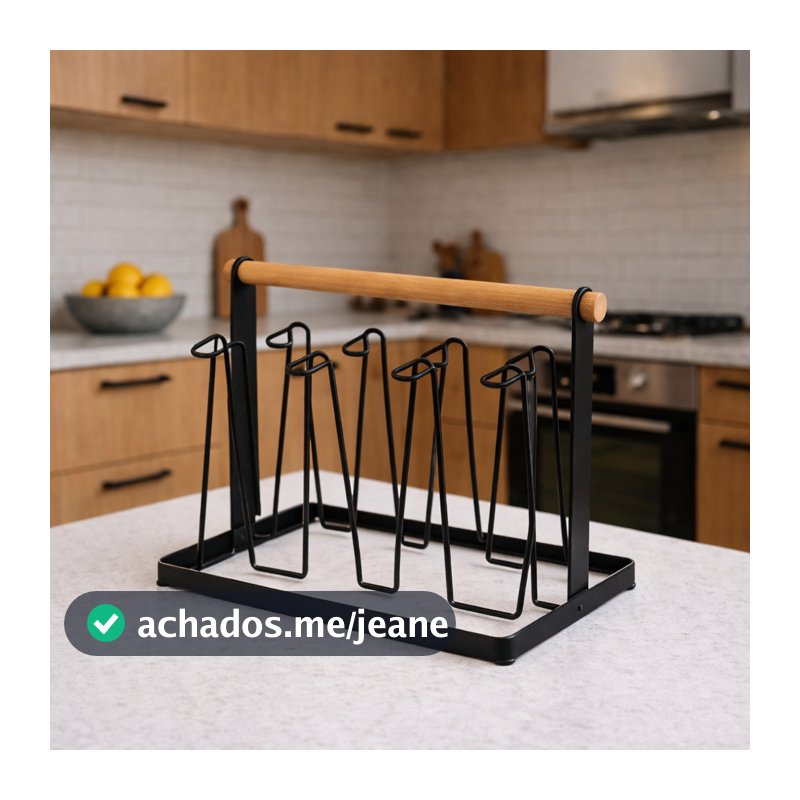 Suporte Porta 6 Copos Escorredor de Ferro e Bambu Organização De Bancada Cozinha Pia Mesa
