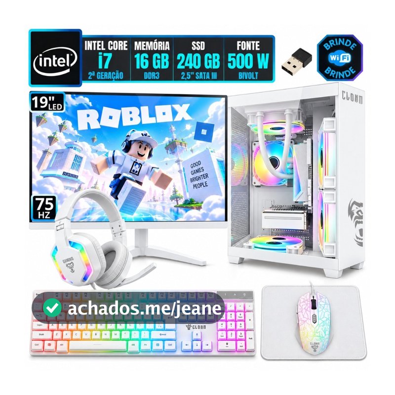 PC Gamer Computador Completo Kit Intel i7 16GB SSD 240GB Monitor 19 Gabinete e Combo Branco Pronto