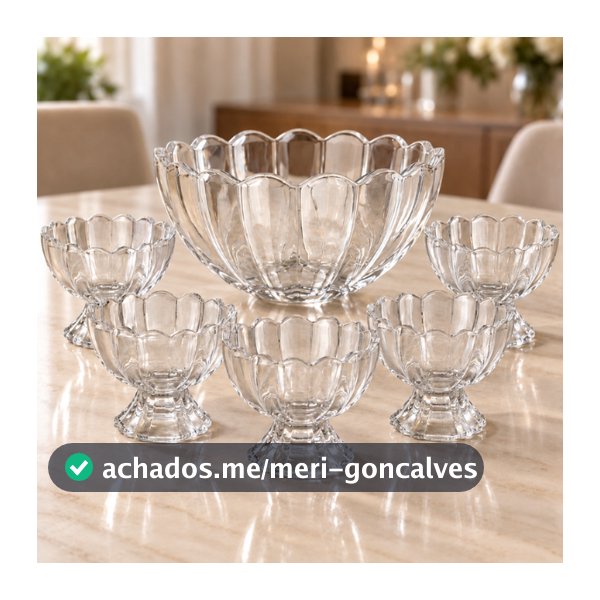 Kit 7 Pecas Bowl com 6 Tacas de Vidro Para Sobremesa Wolff Conjunto para Doces Mesa Posta Cafe e Receber Praticidade Uso