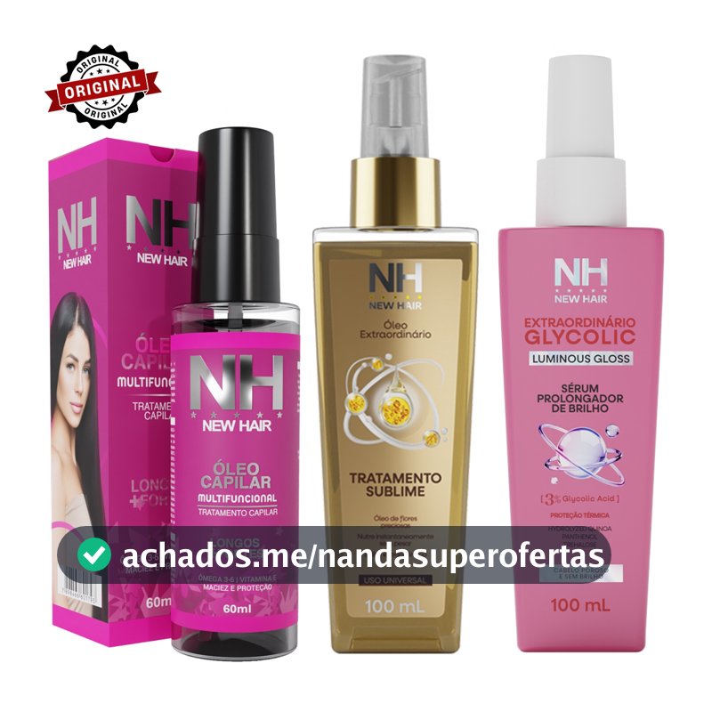 Kit 3 Óleos Para Cabelo NEW HAIR | Sérum Glycolic, Óleo multifuncional e Óleo Extraordinário