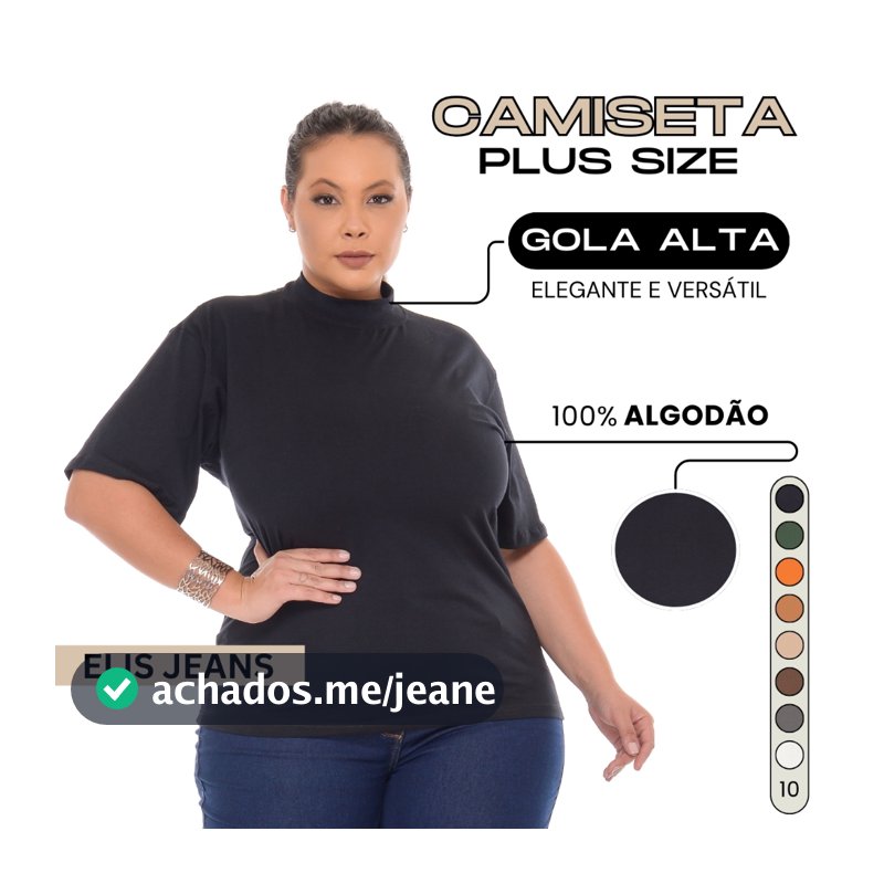 Camiseta Plus Size Feminina Gola Alta Blusa 100% Algodão T-shirt Básica