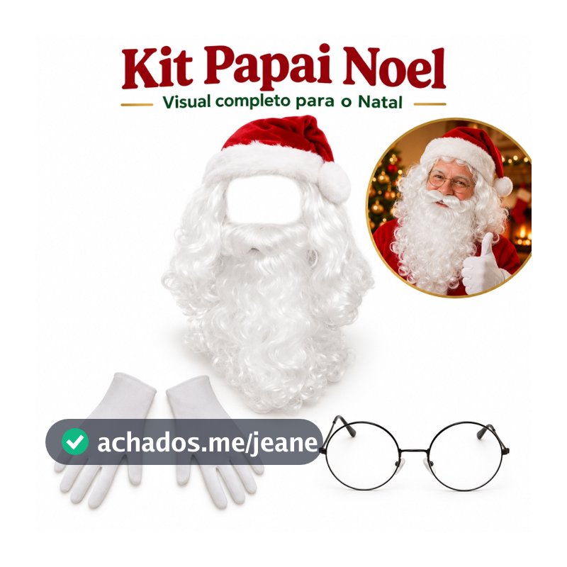 Kit de Papai Noel Peruca + Barba + Gorro + Luva Branca + Óculos! Fantasia de Natal，Disfarce para Festas e Cosplay