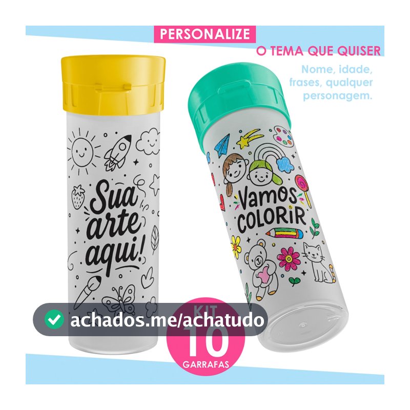 Garrafa de água p/colorir pintar personalizada infantil lembrancinha copos aniversário squeeze 10Un