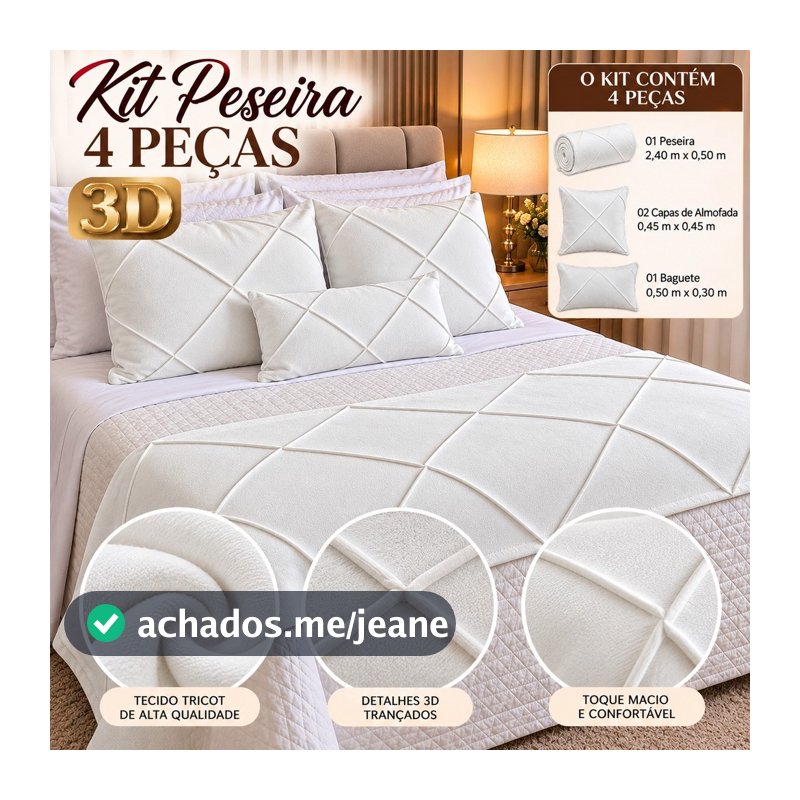 Kit Peseira  Luxo 3D Trançada + 2 Capas de Almofadas Cama Sofá Decorativa