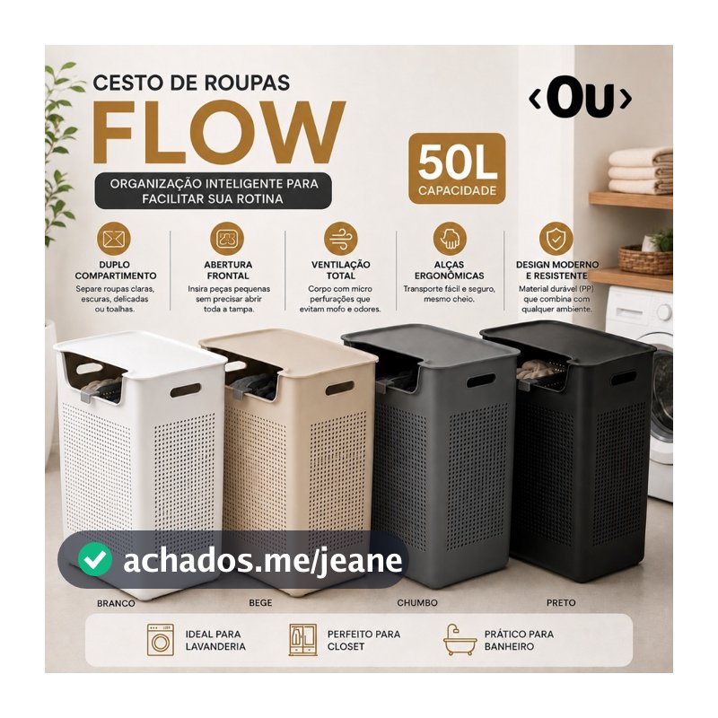 Cesto de Roupa Suja 50L OU Flow com Tampa Duplo Compartimento Divisória Organizador
