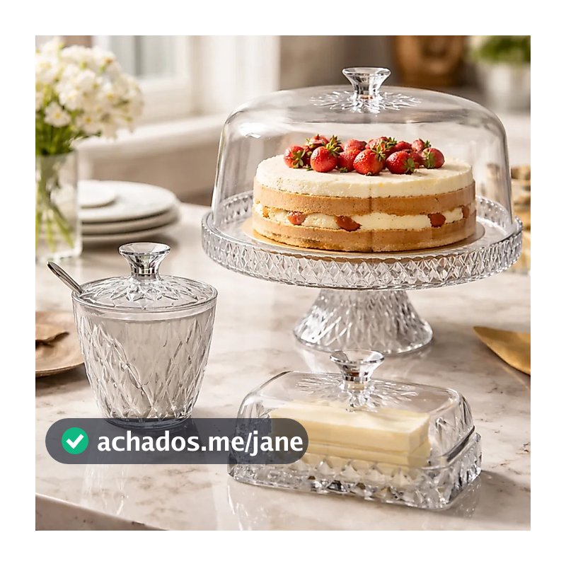 Kit Boleira Açucareiro Manteigueira Porta Bolo Açucar Manteiga Mesa Posta Glamour 3 peças