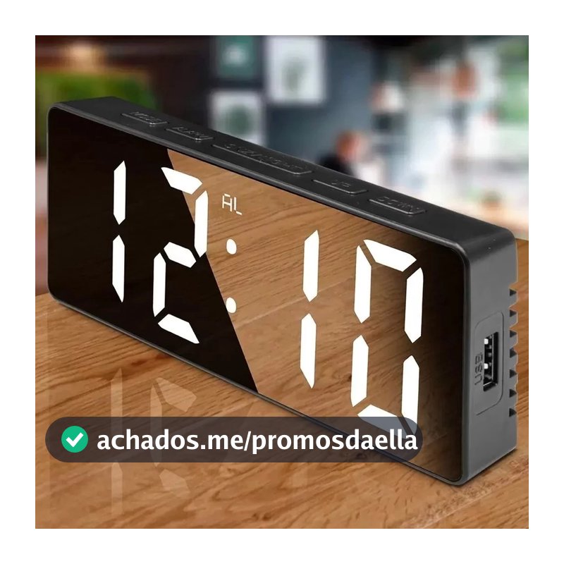 Relógio Despertador Digital De Mesa 16X2.5X6cm Alarme Temperatura Pilha AAA Usb Preto Com Led