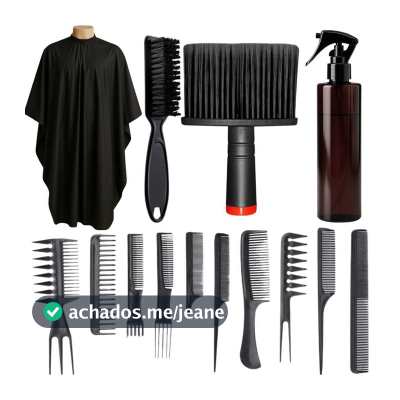 Kit Barbeiro Profissional Completo Capa Preta Borrifador Âmbar Espanador Black Escovinha Kit 10 Pentes
