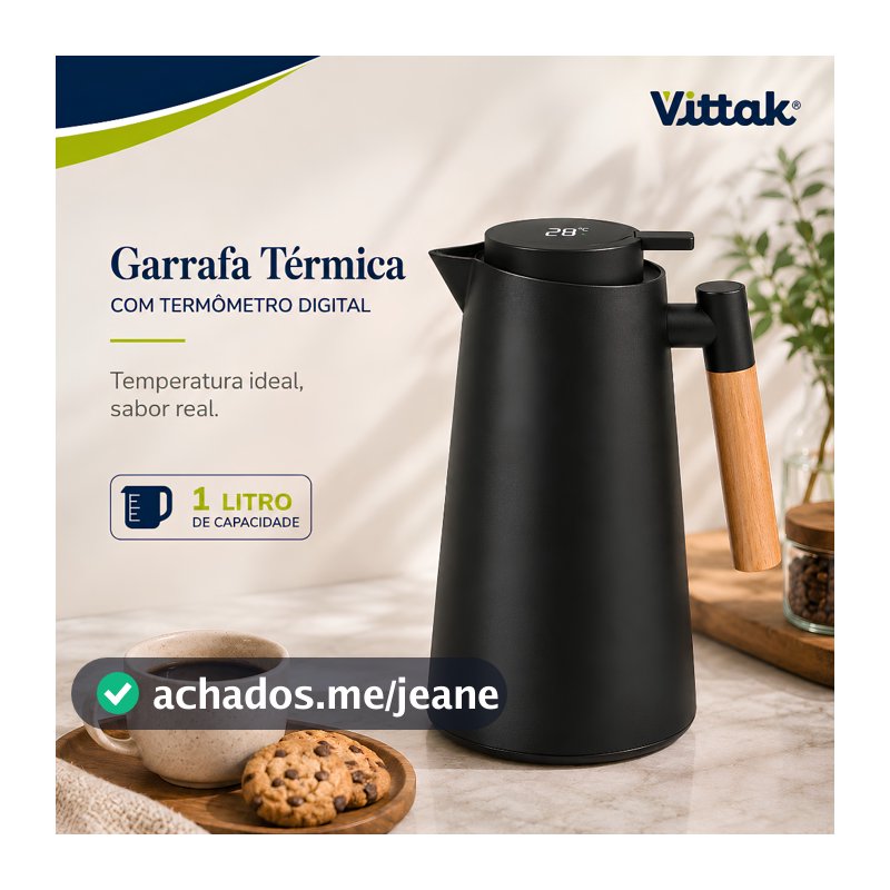 Vittak Garrafa Térmica Café 1L Visor Digital LED Sistema Click Isolamento a Vácuo Preta