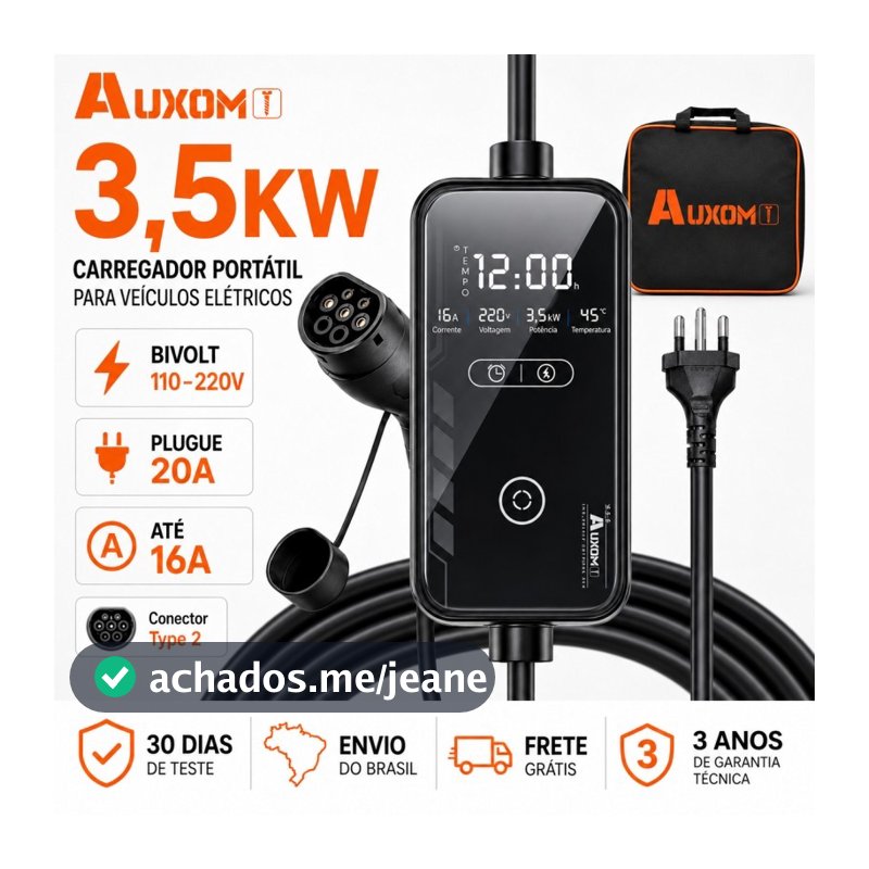 Carregador Carro Elétrico Portátil AUXOM 3,5kW Tipo 2 Bivolt 110V 220V 16A Plugue Brasileiro 20A