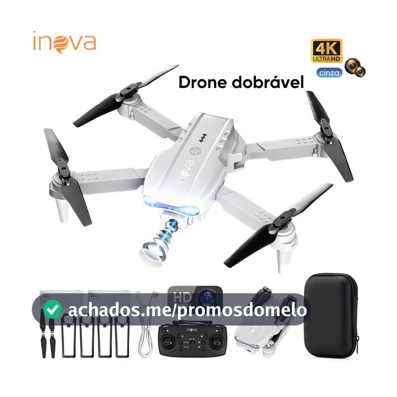 INOVA Drone Profissional Dobrável Câmera HD 1080p Sensor Anti-Obstáculo Voo Longo Alcance Acompanha 2 Baterias