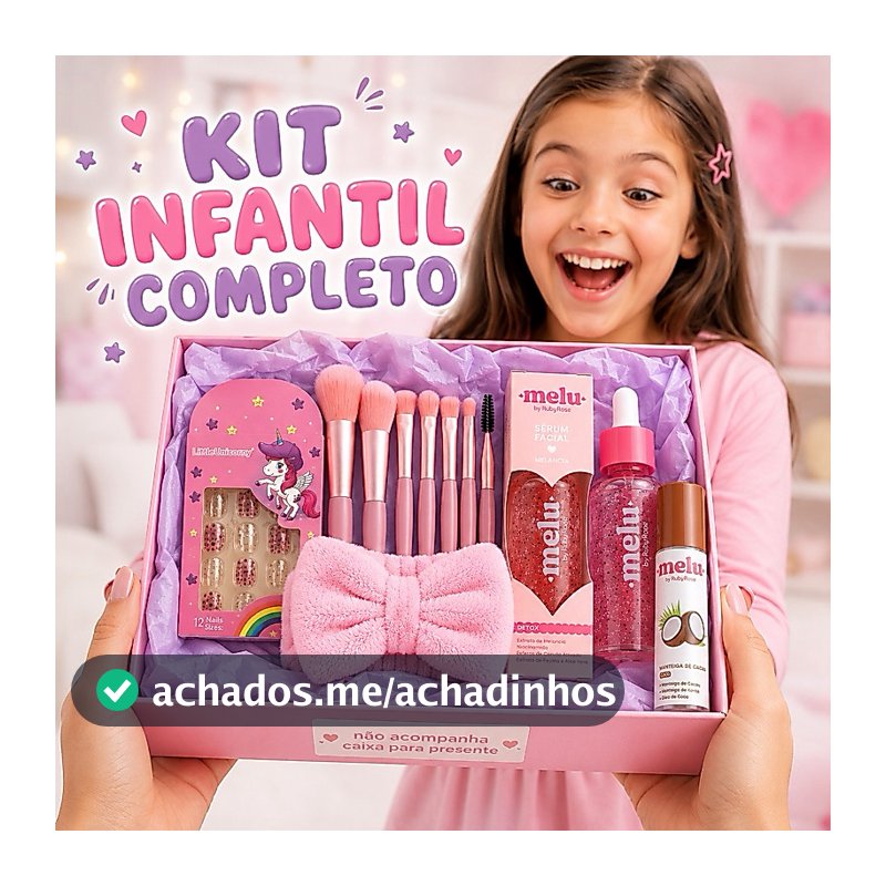 Kit Presente Infantil Menina Completo Spa Infantil Melu Sérum Gloss Tiara Pincéis Unhas Postiças Dia das Crianças