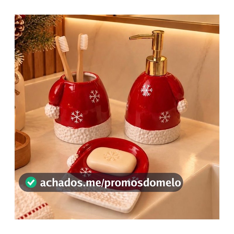 KIT 3 Peças — Kit Lavabo em Porcelana de Natal Design de Natal Gorro Papai Noel Kit Banheiro Dispenser,Porta Escova