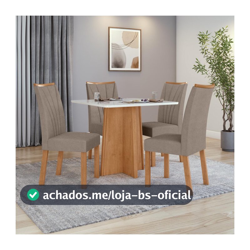 Conjunto Sala de Jantar Mesa Celebrare 90x90 Tampo Vidro/MDF com 4 Cad Apogeu Suede Amendoa/off