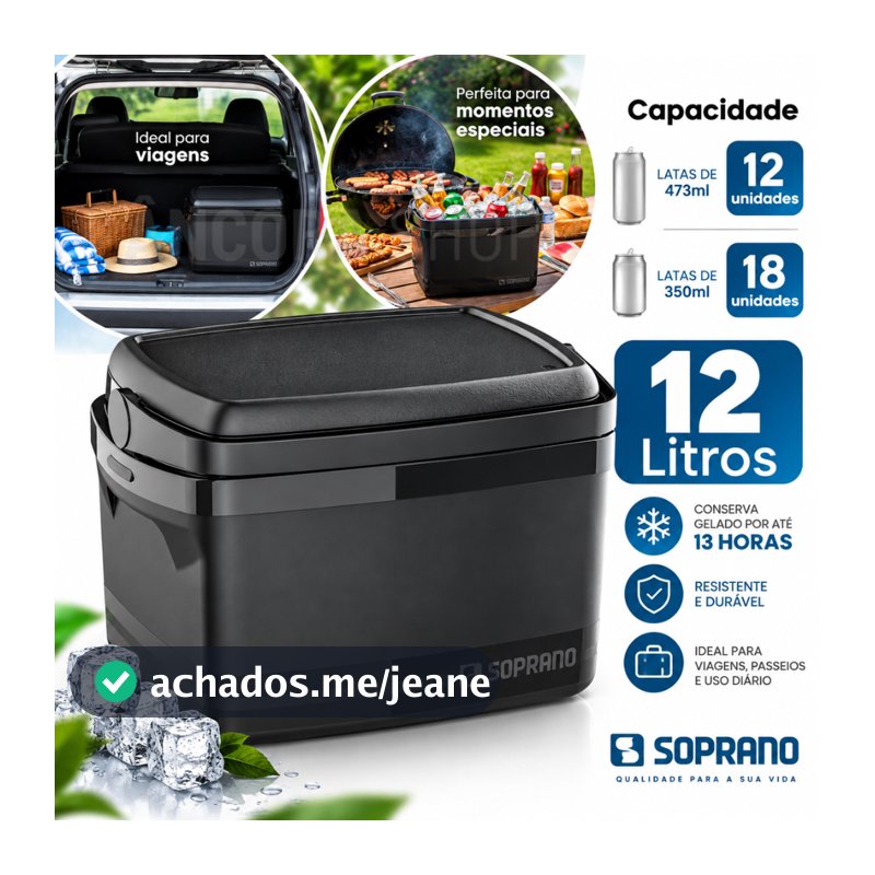 Caixa Térmica Cooler Soprano 12L com Alça Tampa Porta Latas Bebidas Praia Camping Alimentos e Sorvetes Preta 12 Litros