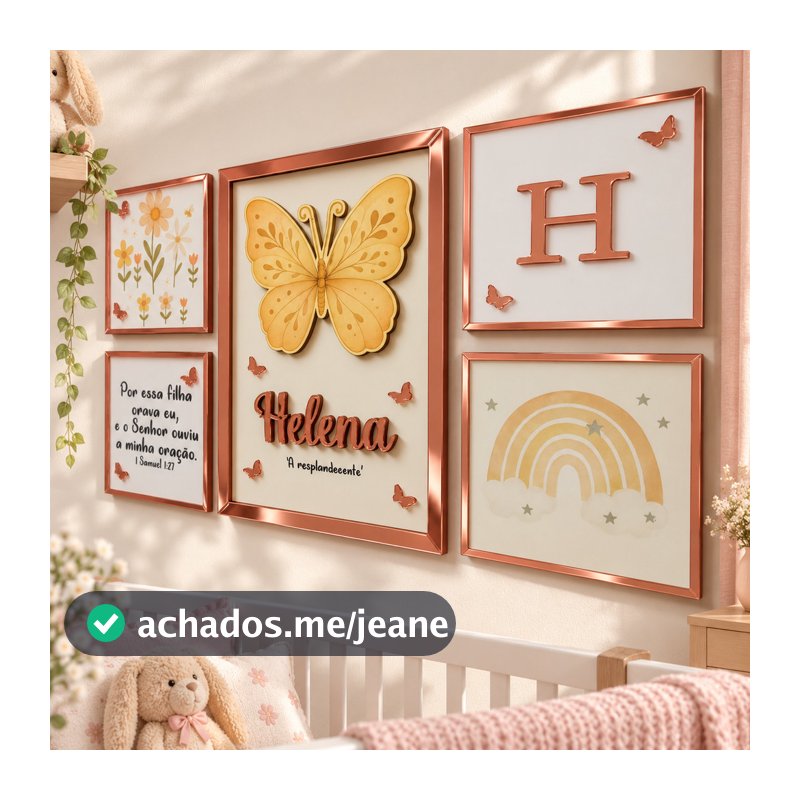 Kit 5 Quadros Decorativos Tema Borboleta com Nome e Versículo - Decoração Quarto Bebê Menina