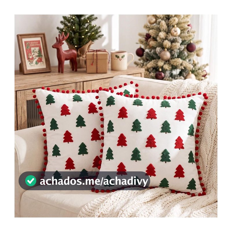 Capa de Almofada de Natal 45x45cm Bordado 3D c/ Pompons - Pronta Entrega (s/ enchimento)