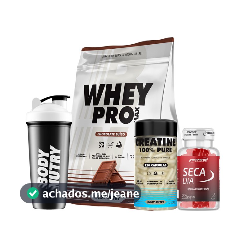 Kit Whey Pro, 900g + Creatina, 120 Cáps Pura + Seca Dia, 60 Cáps (pré treino) + Coqueteleira