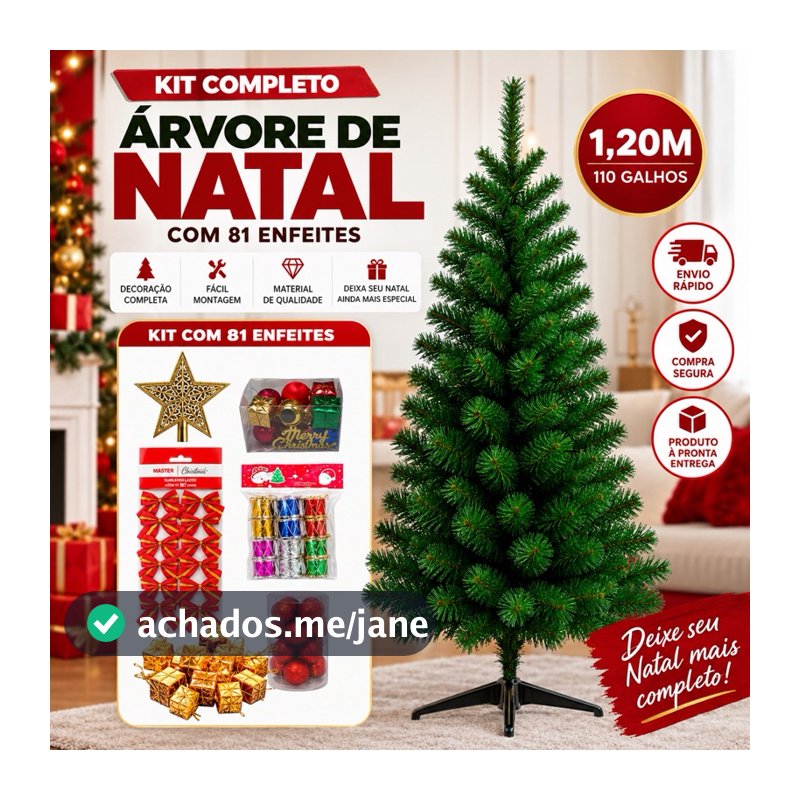Árvore De Natal 81 Enfeites 1.20cm Com 110 Galhos Pinheiro Decorado Decoração Completa Papai Noel