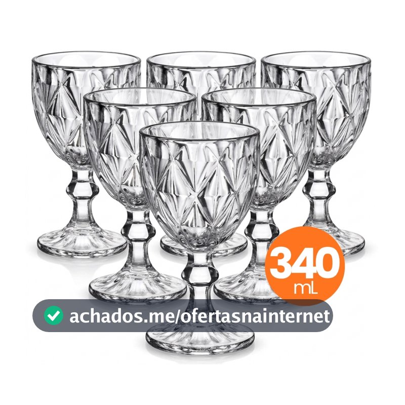 Jogo 6 Taças Vidro Diamond 340ml Conjunto Mesa Posta Água Suco Cozinha Decoração Presente