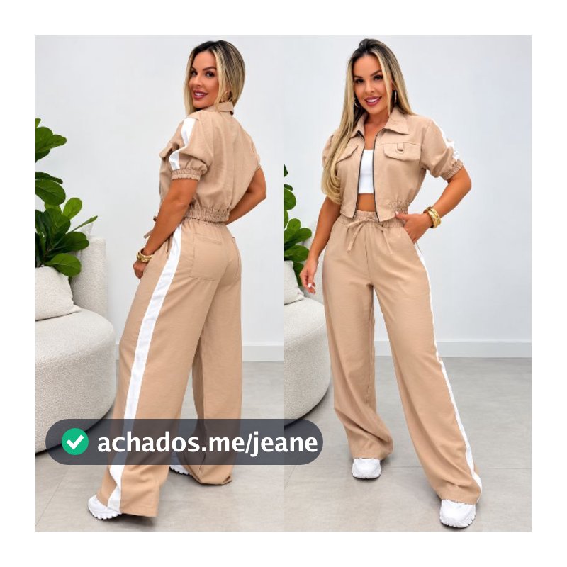 Conjunto Aerolook Alfaiataria Premium Camisa Crooped Manga Curta + Pantalona com Listra Lateral, Elegante e Confortável