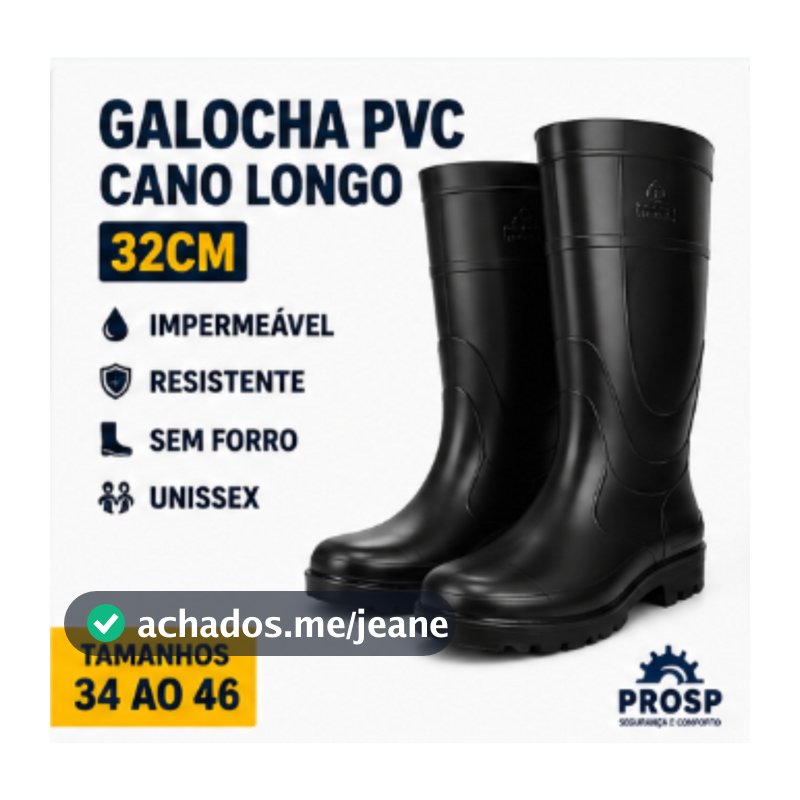 Galocha Bota PVC Preta Cano Longo 32cm Impermeável Sem Forro Unissex