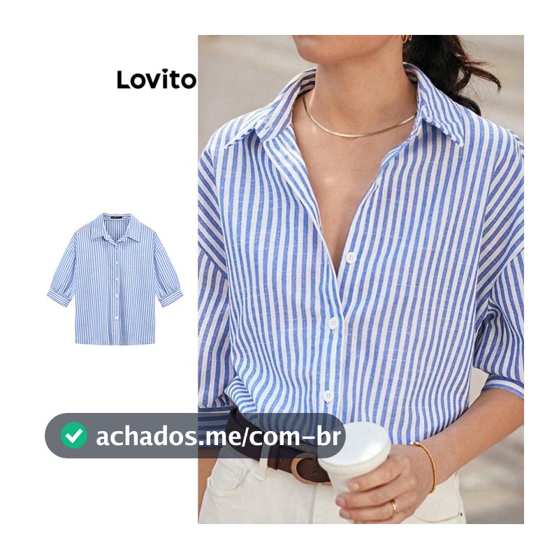 Lovito Elegante Blusa Listrada Com Gola De Botão E Blusa De Algodão Formal Oficial Feminino L59ED052 (Multicolorido)