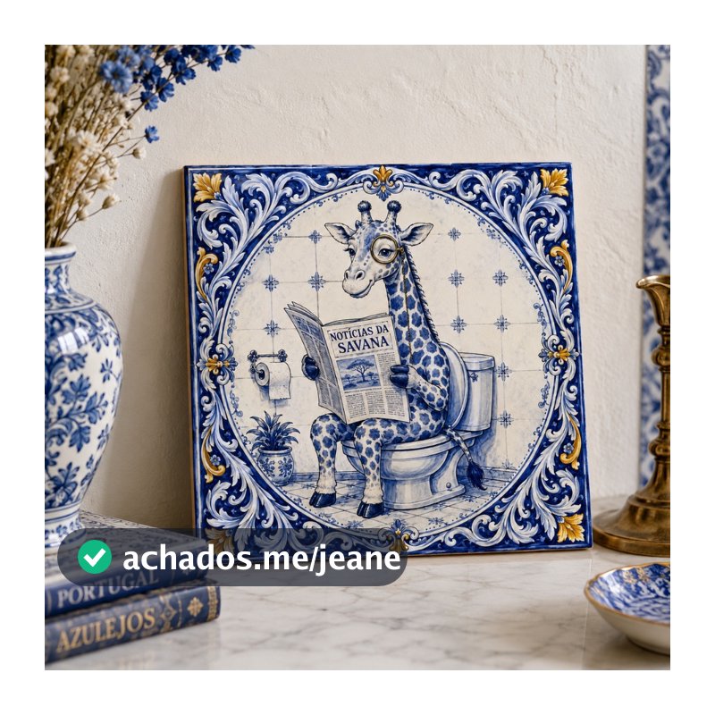 Azulejo Decorativo Banheiro Girafa No Vaso Lendo Jornal - 15x15 Cm