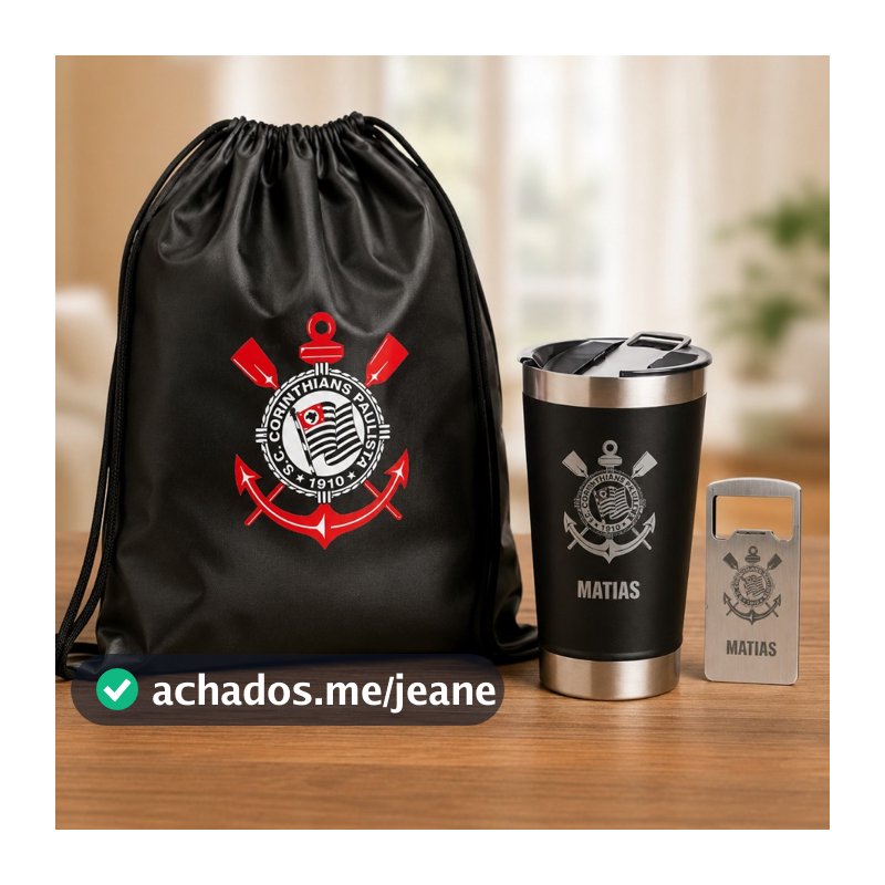 Kit Torcedor Corinthians Copo Térmico 473ml Sacochila Tampa Abridor Preto