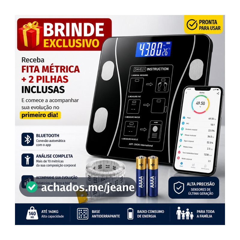 Balança Digital de Banheiro Bioimpedancia 180 Kg com Aplicativo Bluethoo  + Fita Metrica