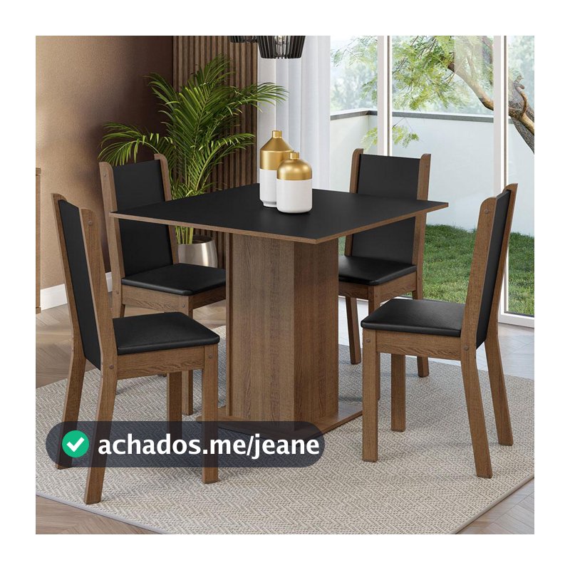 Conjunto Sala de Jantar Madesa Alana Mesa Tampo de Madeira 4 Cadeiras - Rustic/Preto/Sintético Preto