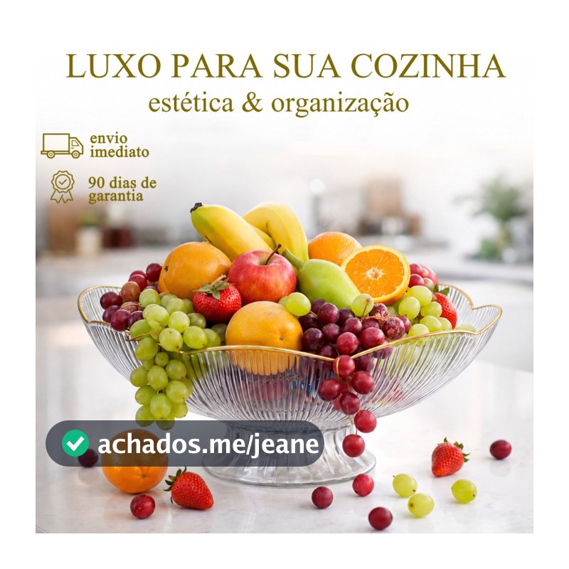 Fruteira Saladeira Acrílico Centro de Mesa Borda Dourada Canelado Com Pé Luxo Sofisticado Decoração