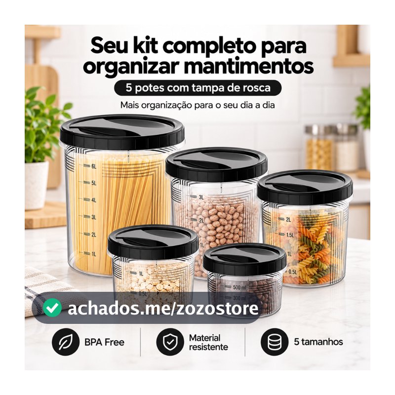 Kit 5 Conteineres Tampa de Rosca Alimentos Mantimentos Pote