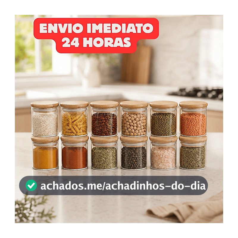 Kit 12/6 Potes de Vidro 200ml com Tampa de Bambu Hermético Mantimentos Condimentos Empilhaveis