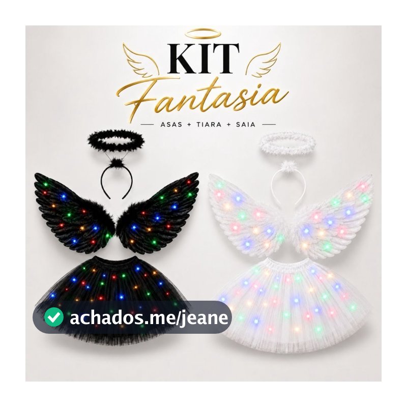 Kit Fantasia Angelical com Led Strass Adulto Cosplay Carnaval Festas Halloween