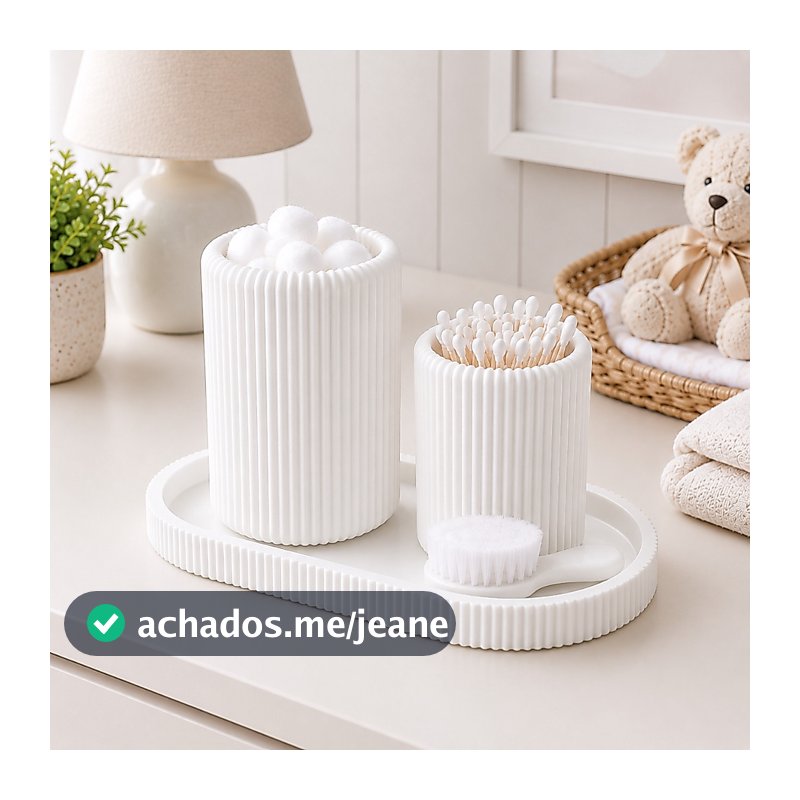 Kit Organizador Higiene Bebê Com Bandeja E 2 Porta Objetos Para Algodão Cotonetes Trocador Quarto Infantil Maternidade