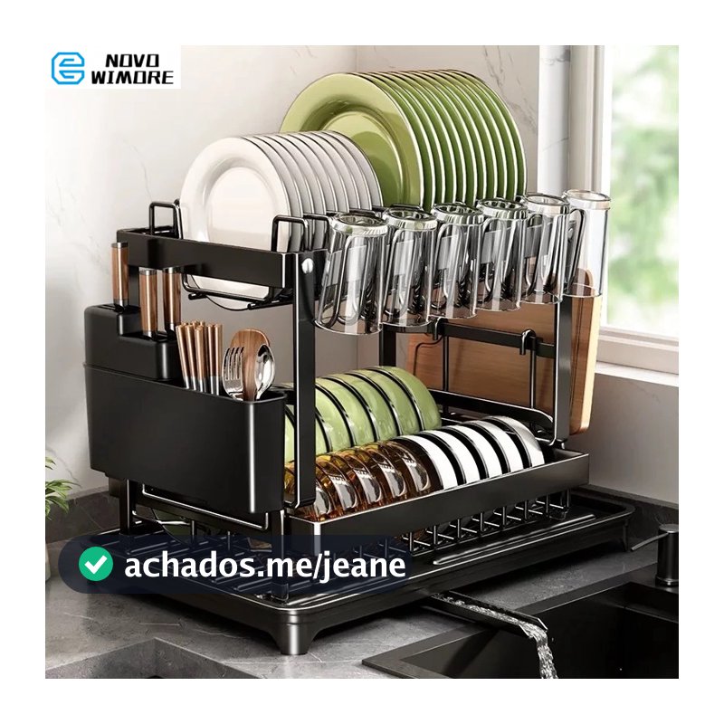 [HWC] Escorredor Organizador de Louças Preto Aço Inoxidável, Rack Suspensa para Cozinha, Estante Dupla