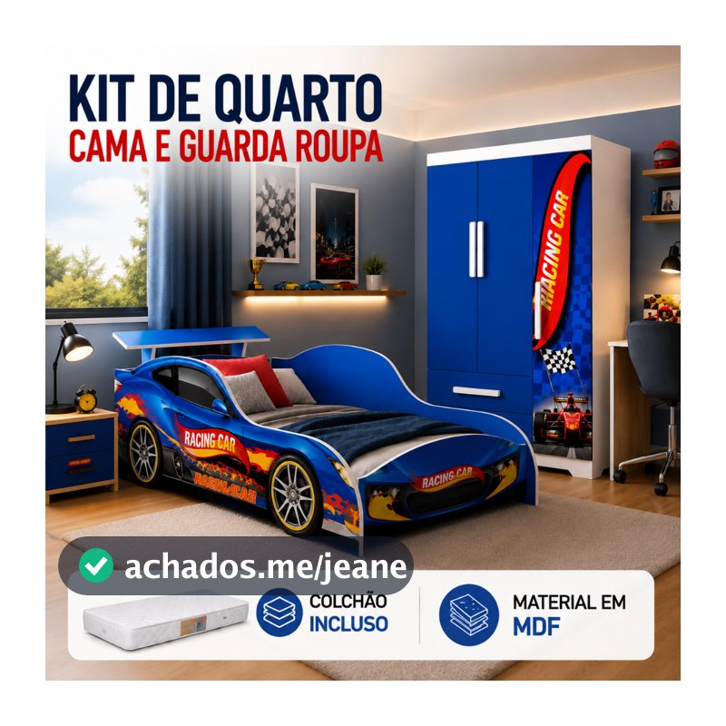 Conjunto Infantil Racing Car Azul Cama com Colchão Antiácaro e Guarda-Roupa