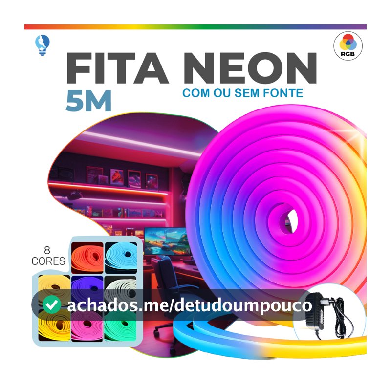 Fita de LED Mangueira Neon 5 Metros IP65 Flexível Com ou Sem Fonte | 8 Cores