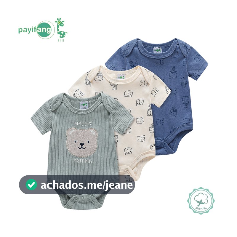 Kit 3 bodies curtos unissex para bebê, 60% algodão e 40% poliéster, vários estilos, ideal para uso diário