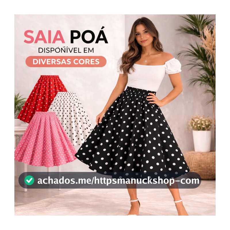 SAIA DE BOLINHA MIDI ANOS 60 RETRÔ FEMININO VINTAGE RODADA ELEGANTE POÁ SOCIAL CASUAL