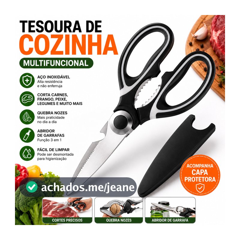 Tesoura de Cozinha Multifuncional Aço Inox com Capa Corta Carne Frango Peixe Legumes